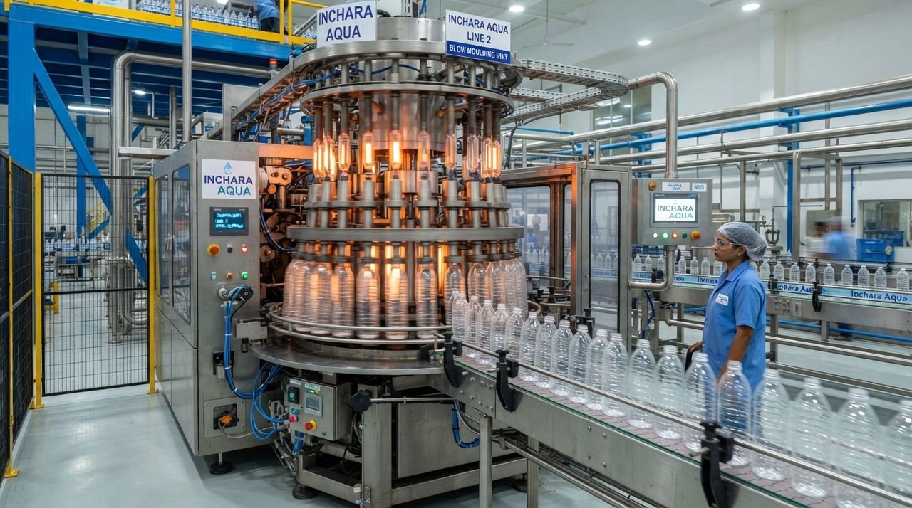 Rotary blow moulding machine forming PET bottles