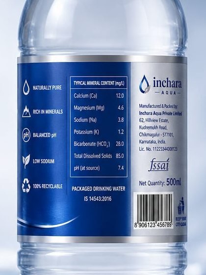 Back label of the Inchara Aqua silver and blue bottle