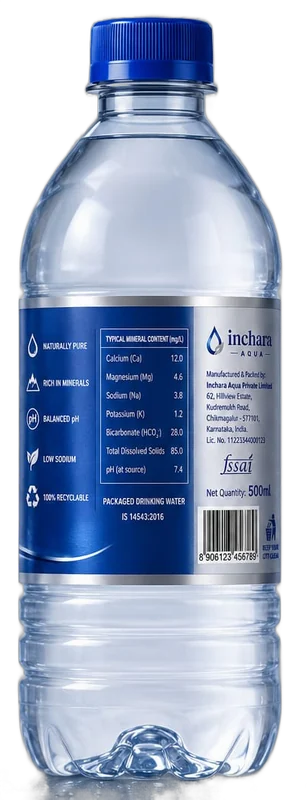 Inchara Aqua bottle with silver and blue label, back