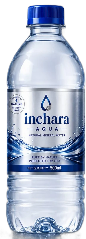 Inchara Aqua bottle with silver and blue label, front