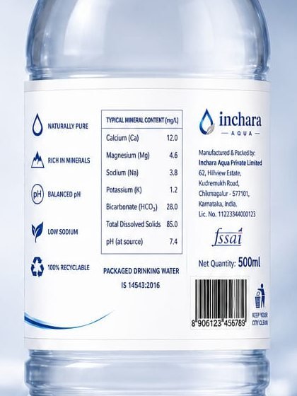 Back label of the Inchara Aqua bottle with mineral content table, FSSAI logo and barcode