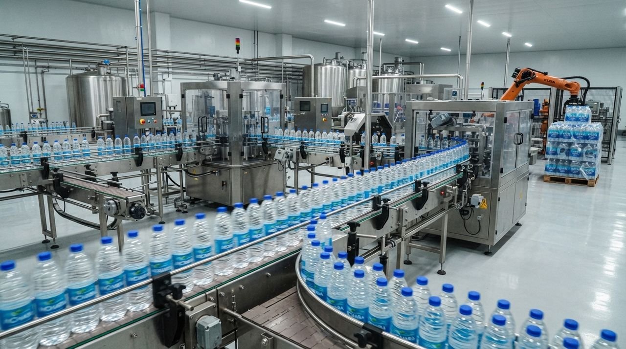 Automated bottling line with conveyors and labelling
