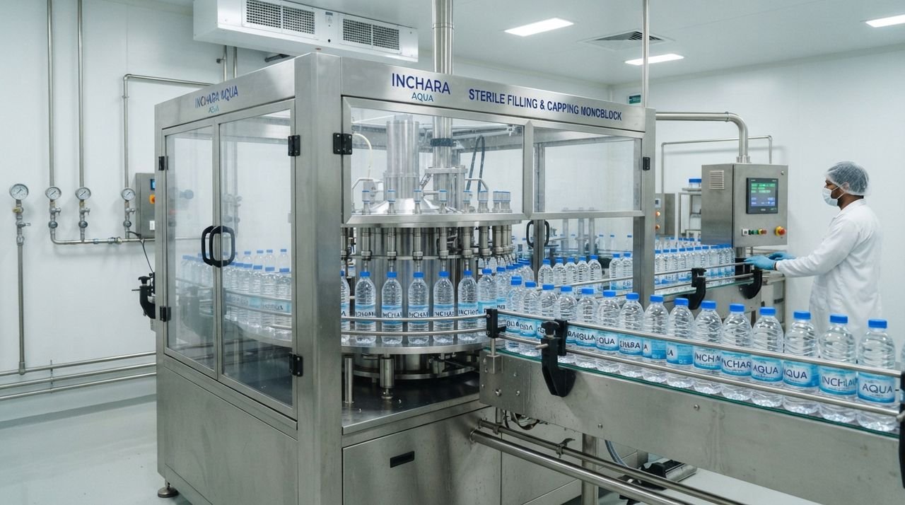 Sterile filling and capping monoblock machine with bottles