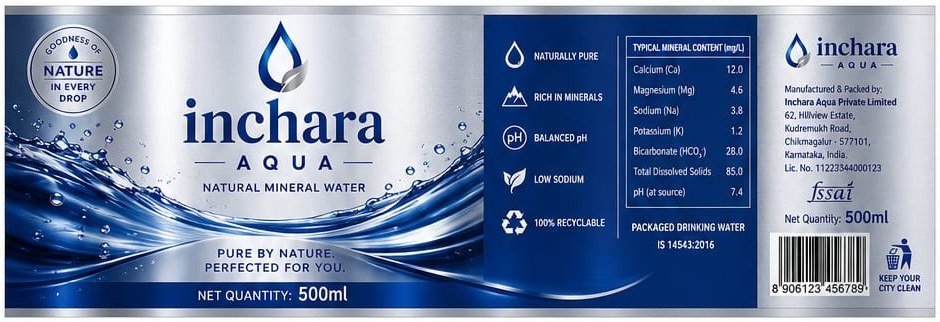 Full silver and blue Inchara Aqua wrap-around label artwork