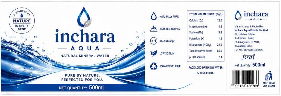 Full white Inchara Aqua wrap-around label artwork