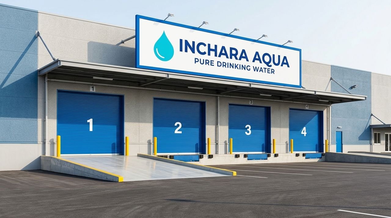 Four blue loading dock shutters under an Inchara Aqua sign