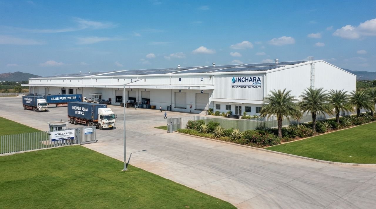 Aerial view of the Inchara Aqua water production facility with delivery trucks
