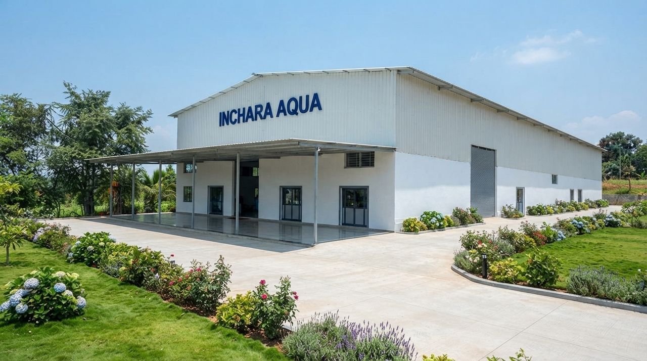 Front view of the Inchara Aqua factory building with landscaped garden