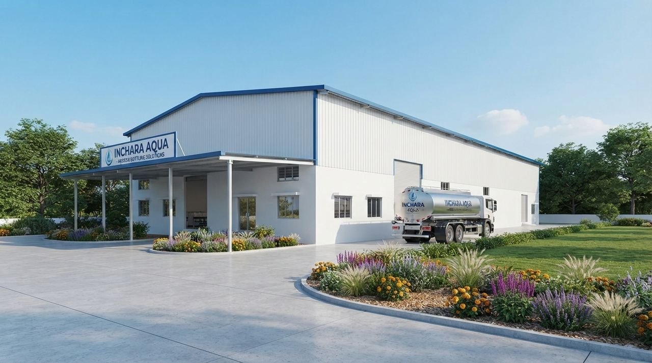 Inchara Aqua bottling unit with a stainless steel water tanker