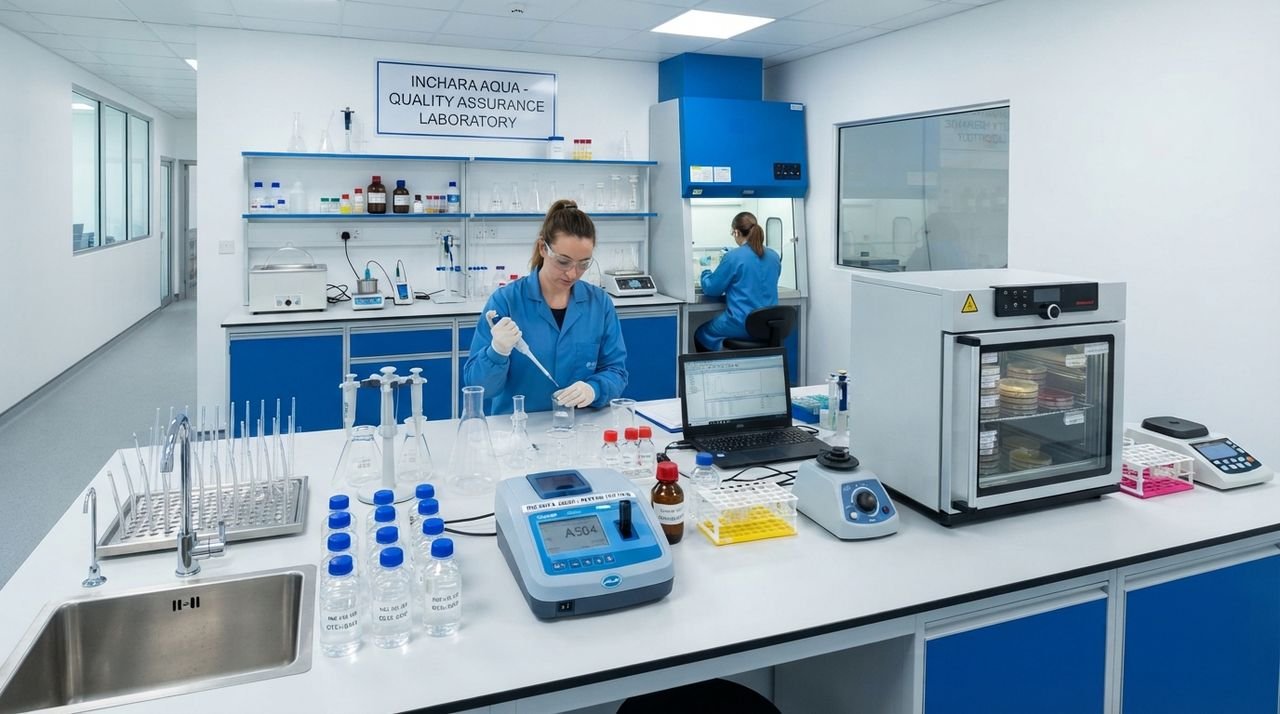 Analysts testing water samples in the Inchara Aqua quality assurance laboratory